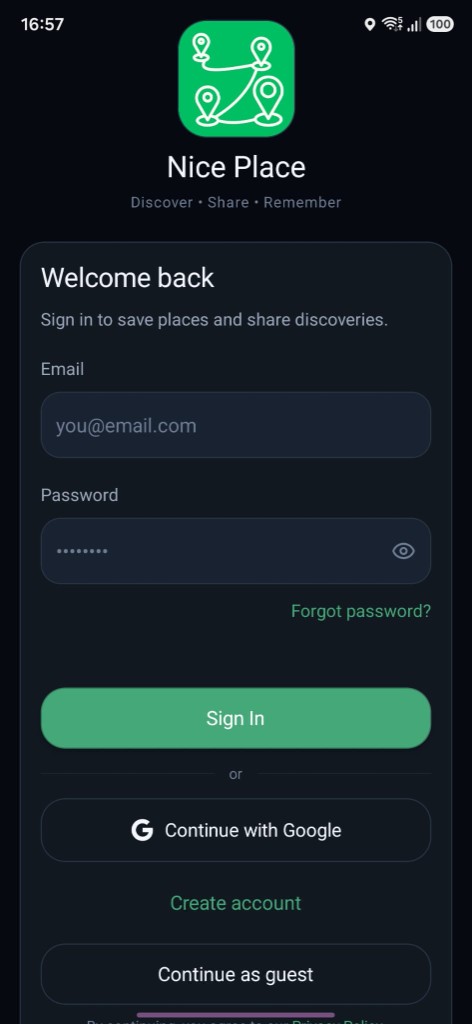 Nice Place sign in screen